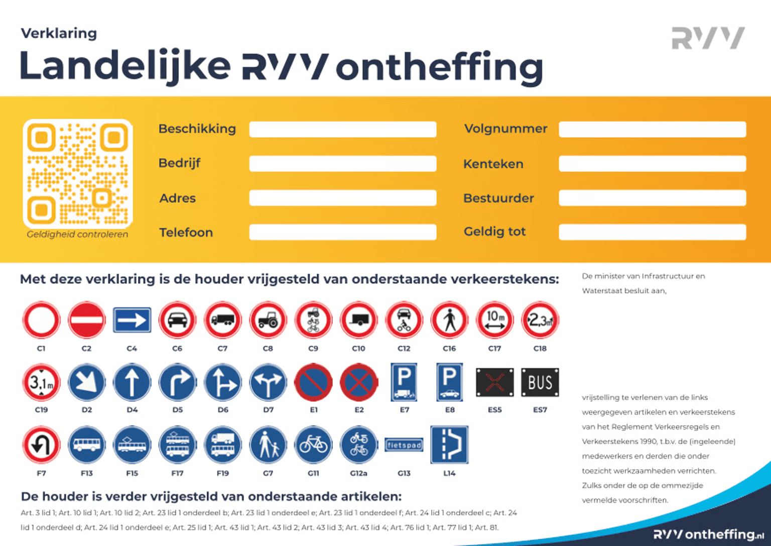 De raamkaart: het fysieke bewijs van de landelijke RVV ontheffing, met QR-code